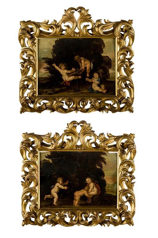Scuola Emiliana del XVII secolo - Fanciulli al gioco - coppia di dipinti