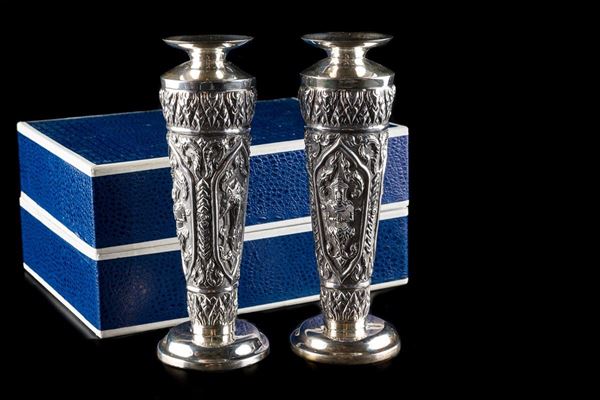 Pair of Thai silver flower holders