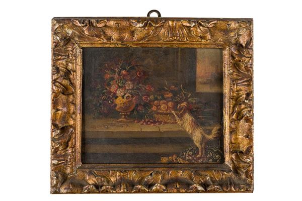 Painter of the late nineteenth century; Interior with flower pots and little dog.