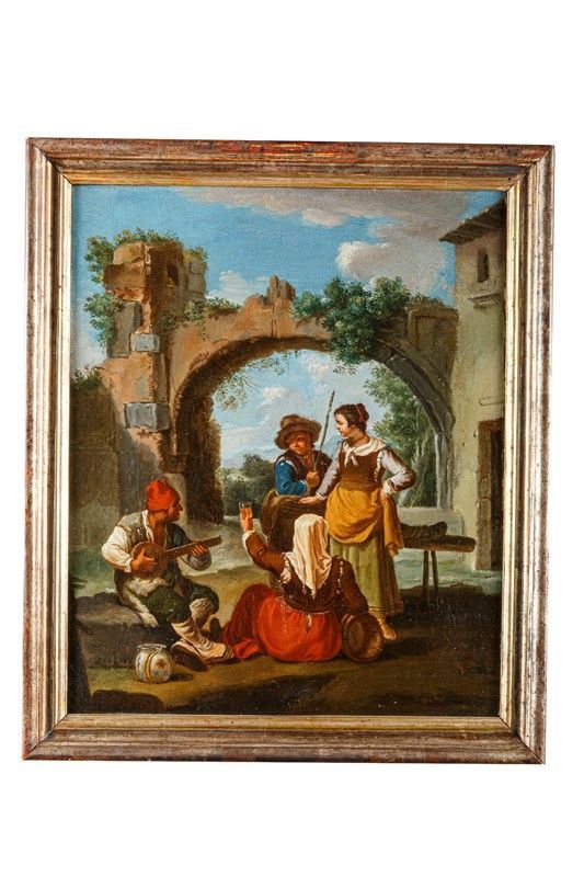 Paolo  Monaldi - Scena contadina con suonatore e arco sullo sfondo