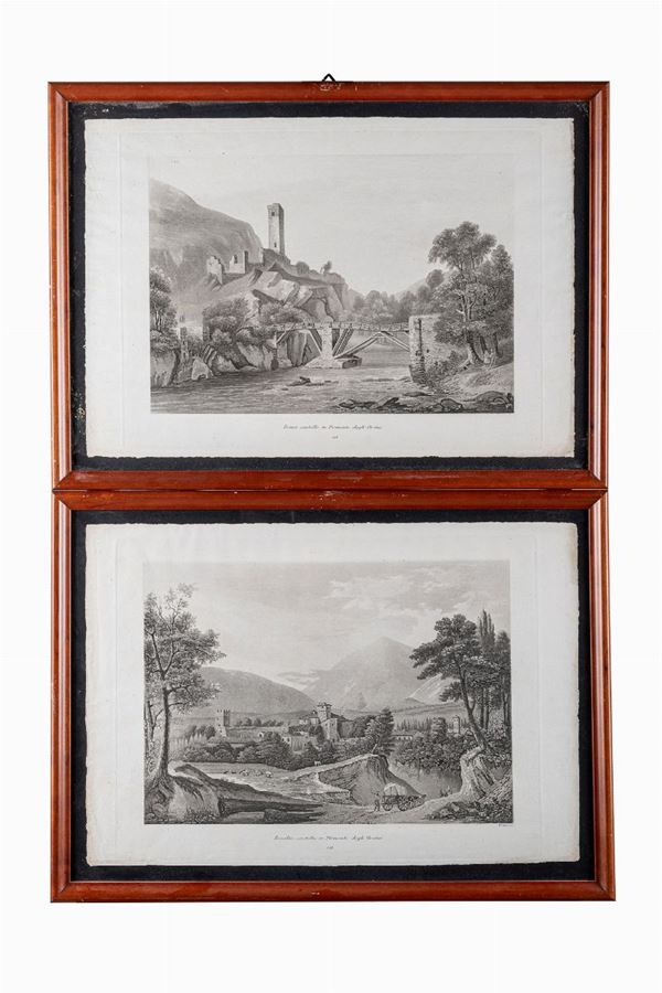 Francesco Citterio - Coppia di incisioni raffiguranti il Catello di Trana e il Castello di Rivalta.