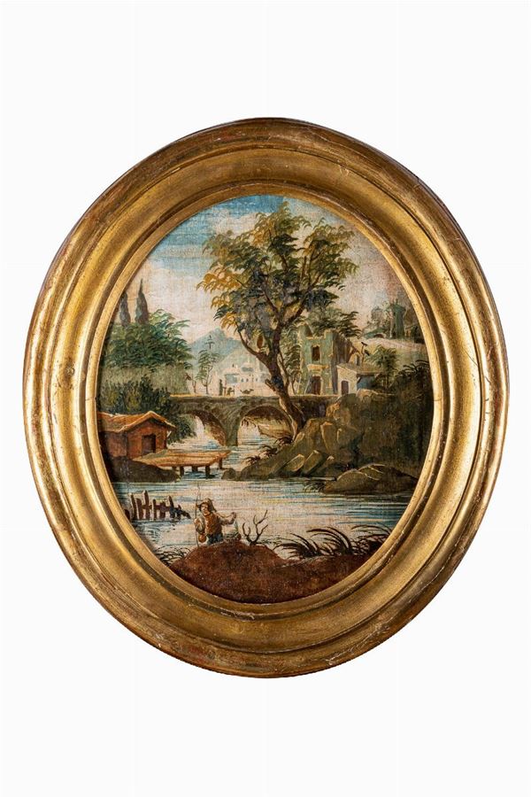 Paesaggio fluviale con pescatore