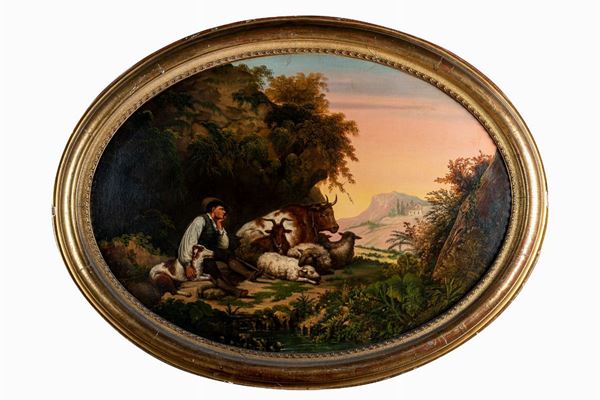 Bucolic scene with herds and shepherd