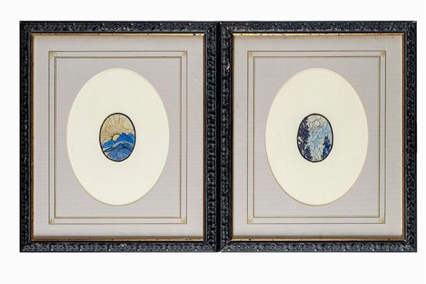 Duilio Cambellotti (attr.) - Pair of studies for stained glass window &quot;Il sole&quot; and &quot;La Luna&quot;