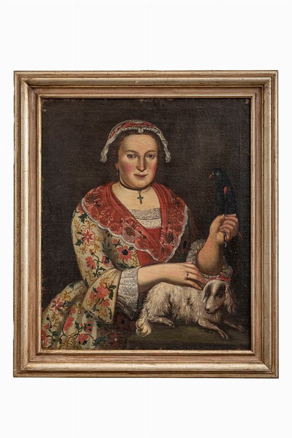 Lady with parrot and little dog