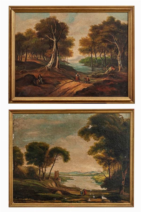 Pair of landscapes with characters