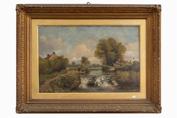 Landscape with river and farmer