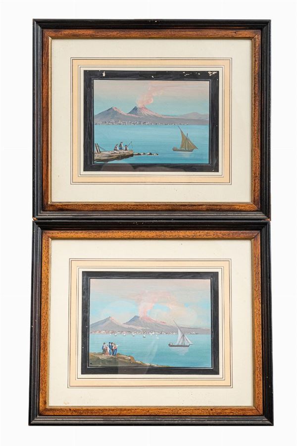 Pair of views of Vesuvius with figures
