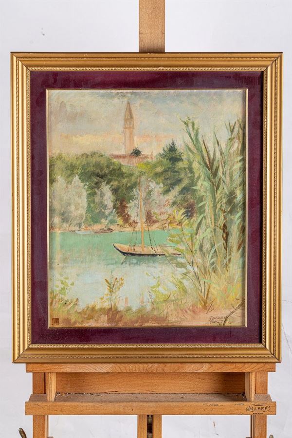 Eligio Finazzer Flori - Bell tower with river and boat