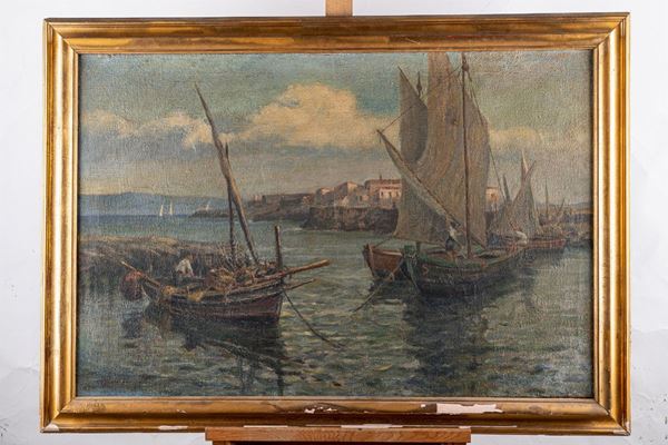 Glimpse of marina with village and boats