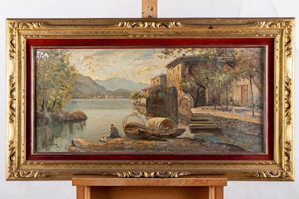 View of lake with sea and fisherman