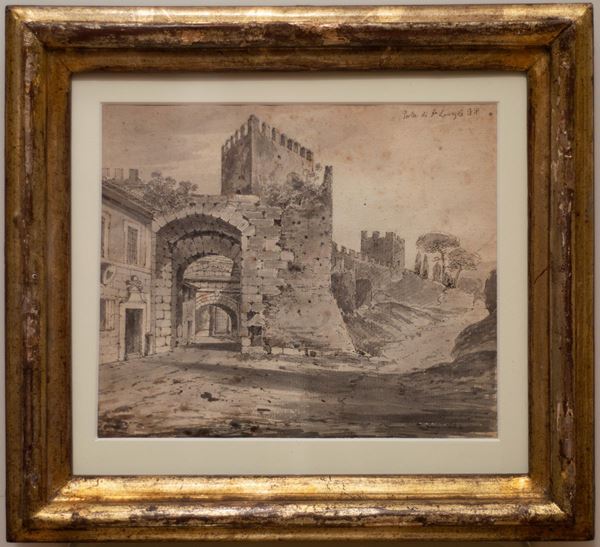 English painter active in Rome in the 19th century - View of Porta di San Lorenzo
