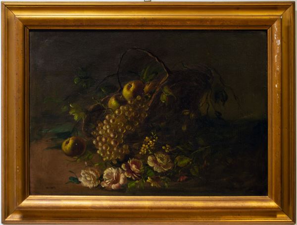 Italian painter of the early 20th century - Still life with fruit basket and flowers