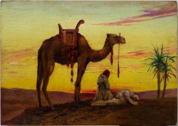 Orientalist painter of the twentieth century - Libyan landscape with camel