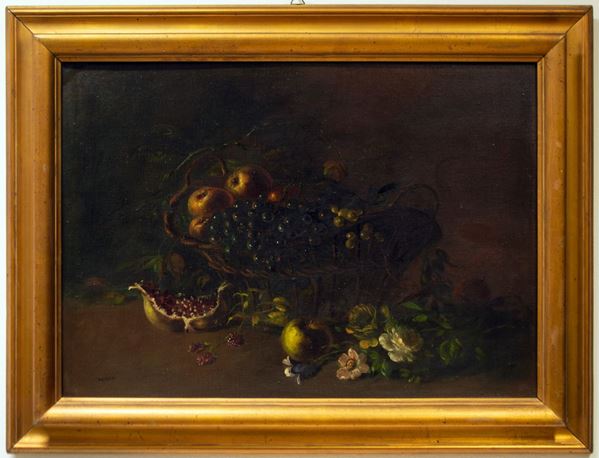 Italian painter of the early 20th century - Still life with fruit basket and flowers