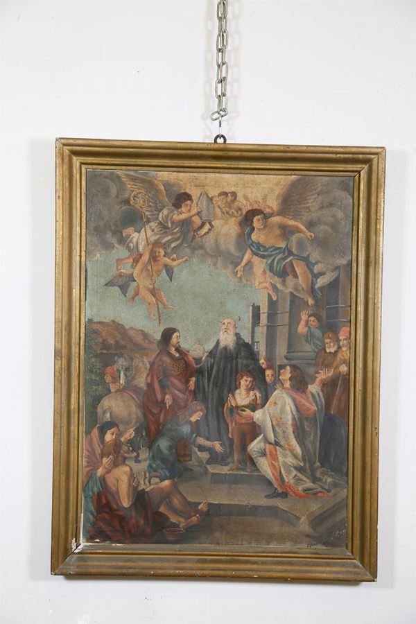 Scene with bishop saint, angels and characters