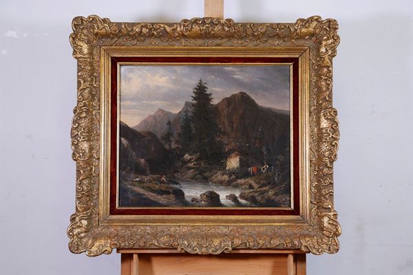 Glimpse of an Alpine view with animals and characters