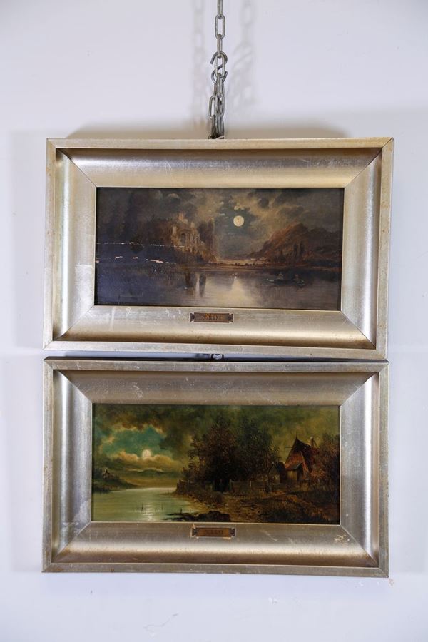 Pair of night views  (Northern European School, late 19th - early 20th century)  - Oil painting on canvas - Auction Fine art and furniture with a selection of old masters from a private collector - DAMS Casa d'Aste