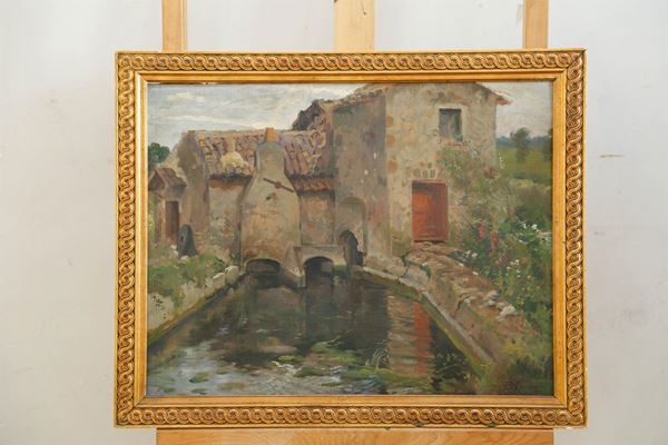 Veduta di mulino con fiume ed edificio