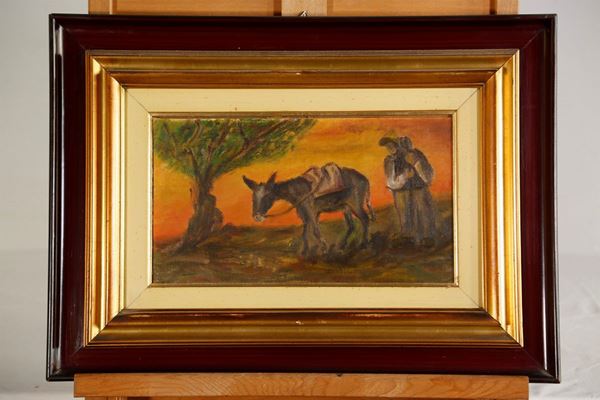 Farmer with donkey  (second half of the 20th century)  - Oil on cardboard - Auction Brocantage Natalizio - DAMS Casa d'Aste