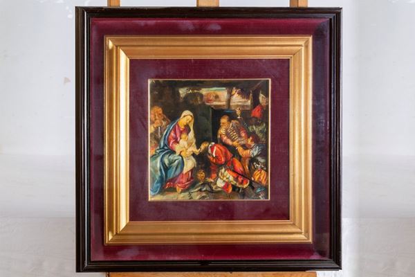 Salvatore Brancati : Adoration of the Magi  (second half of the 20th century)  - Oil on canvas cardboard - Auction ONLINE TIMED AUCTION - CHRISTMAS EDITION - DAMS Casa d'Aste