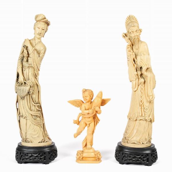 Lot of 2 Middle Eastern characters and putto with fish