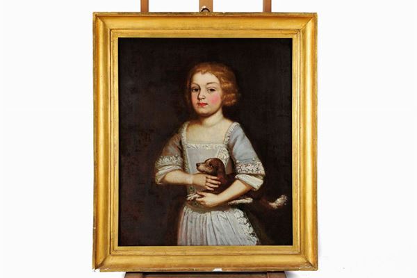 17th century Italian painter - Portrait of a girl with a dog