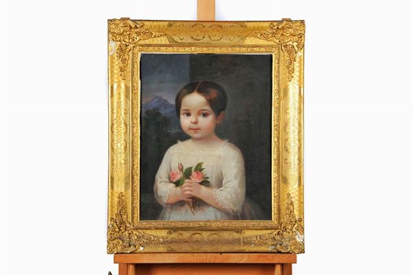 Portrait of a girl with flowers - 19th century painter