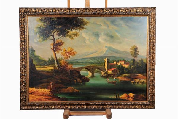 Glimpse of the river with bridge and fishermen