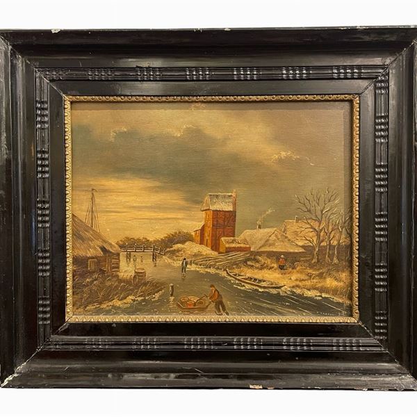 Paesaggio invernale con pattinatori   (1905)  - olio su tavoletta - Asta Asta estiva a tempo - Al miglior offerente - DAMS Casa d'Aste