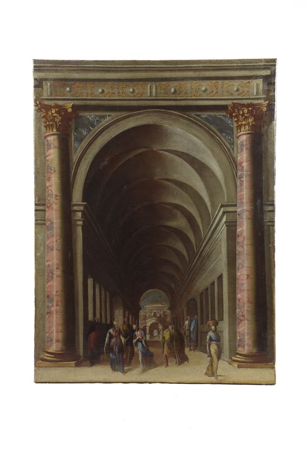 Domenico Gargiulo detto Micco Spadaro (Ambito di) - Loggiato classico con la Disputa di Gesù tra i Dottori del Tempio