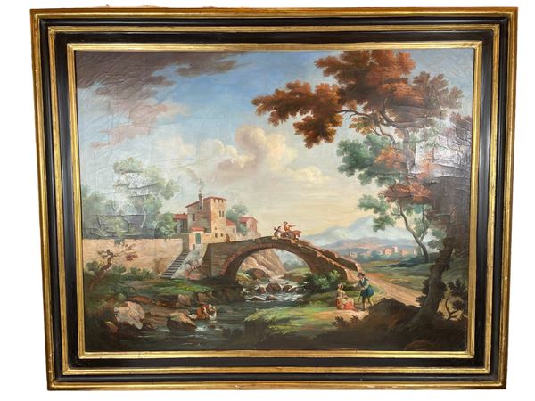 Paesaggio con ponte  (XX secolo)  - Olio su tela - Asta Arredamenti Antichi e Moderni - Web Only - DAMS Casa d'Aste