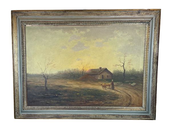 Paesaggio con personaggi all'alba