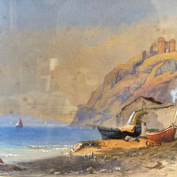Veduta costiera con fortezza e barche  (XX secolo)  - Acquerello su carta - Asta Arredamenti Antichi e Moderni - Web Only - DAMS Casa d'Aste
