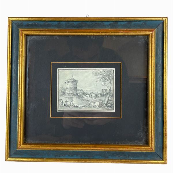 Paesaggio con ponte e personaggi  (fine XIX secolo)  - china e acquerello su carta - Asta Arredamenti Antichi e Moderni - Web Only - DAMS Casa d'Aste