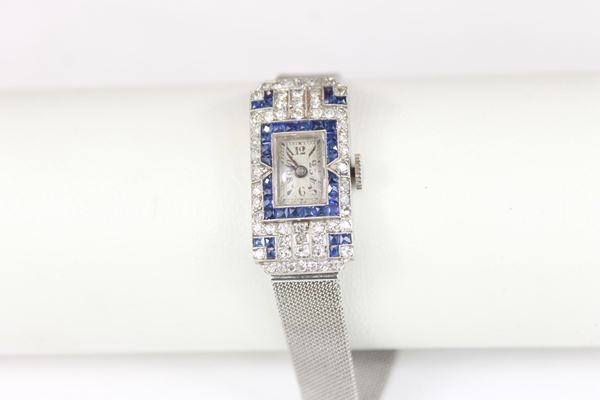 Orologio in oro/platino con diamanti e zaffiri  (prima metà XX secolo)  - Auction Works of art and furnitures from 15th to 20th century - DAMS Casa d'Aste