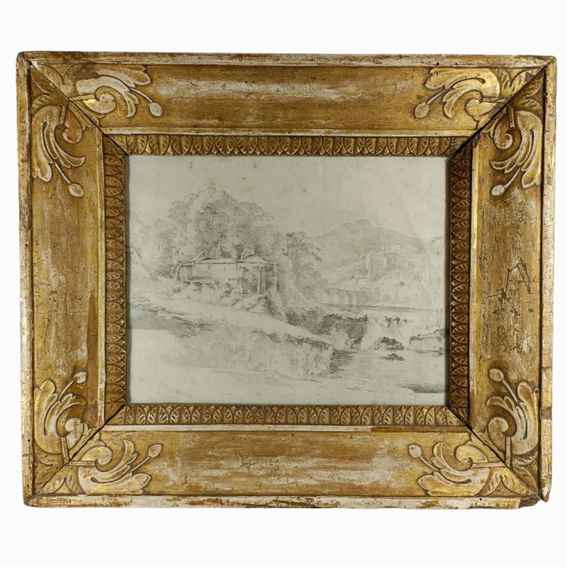 Paesaggio con scorcio di abbazia e monaci