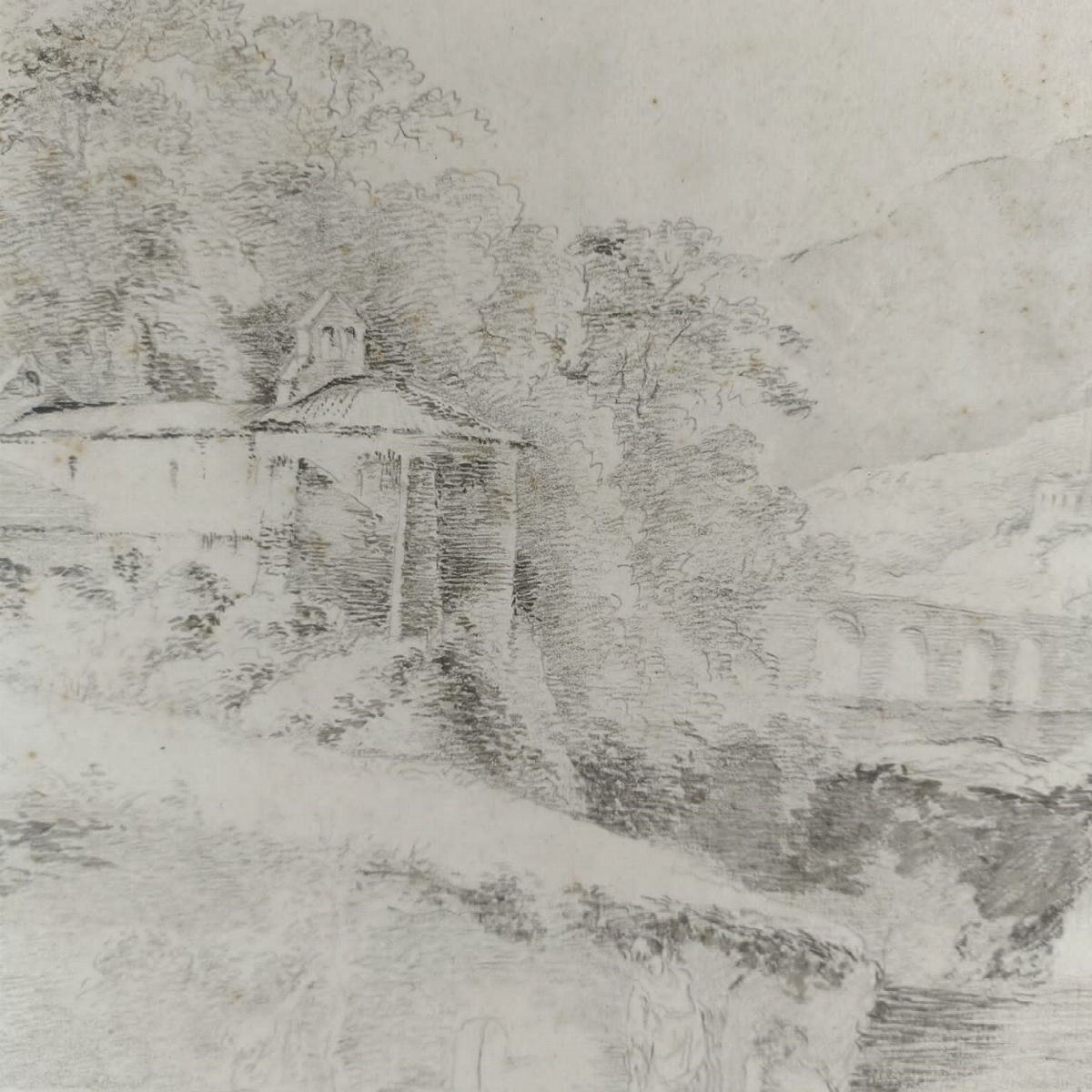 Paesaggio con scorcio di abbazia e monaci