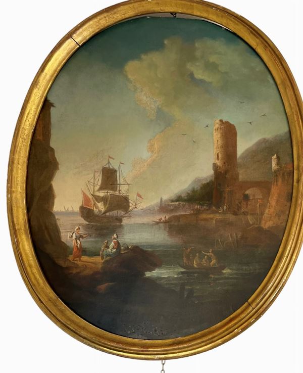Paesaggio marino con veliero  (Fine XIX - Inizi XX sec.)  - Olio su tavoletta - Asta Arredi e forniture provenienti dall'Hotel Aldrovandi Villa Borghese a Roma e altre committenze - DAMS Casa d'Aste