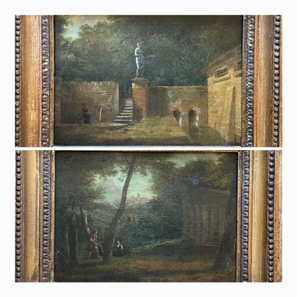 Coppia di vedute con architetture e personaggi