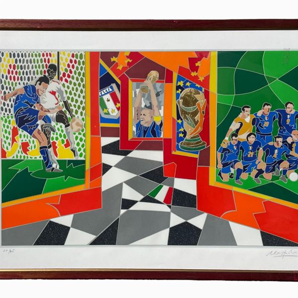 Ugo Nespolo : Campioni del mondo  - Serigrafia polimaterica - Asta Arte e Design del XIX e  XX secolo - DAMS Casa d'Aste