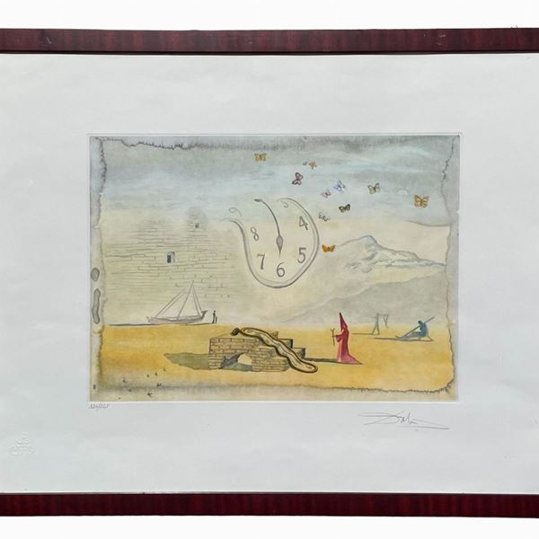 Salvador Dal&#236; : Montres molles et les papillons  (1974)  - acquaforte, acquatinta a colori - Asta Arte e Design del XIX e  XX secolo - DAMS Casa d'Aste
