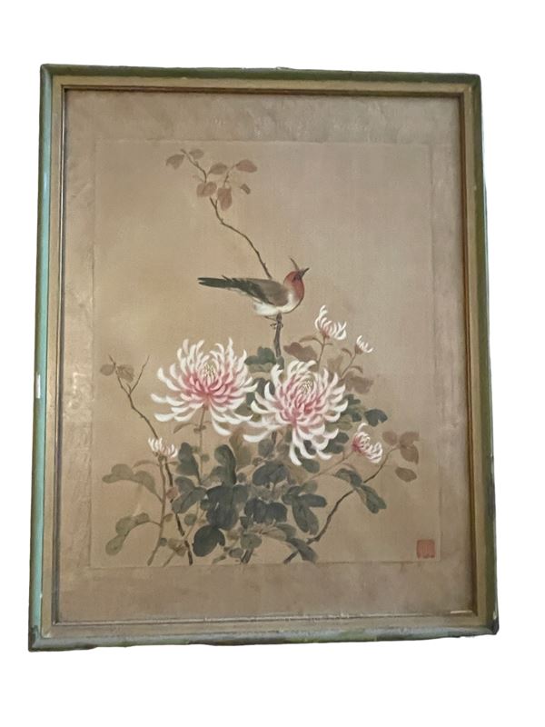 Volatile e fiori  (XX secolo)  - tempera su seta - Asta Brocantage Natalizio - Web Only - DAMS Casa d'Aste