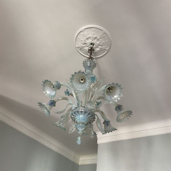 Lampadario in vetro soffiato di Murano turchese