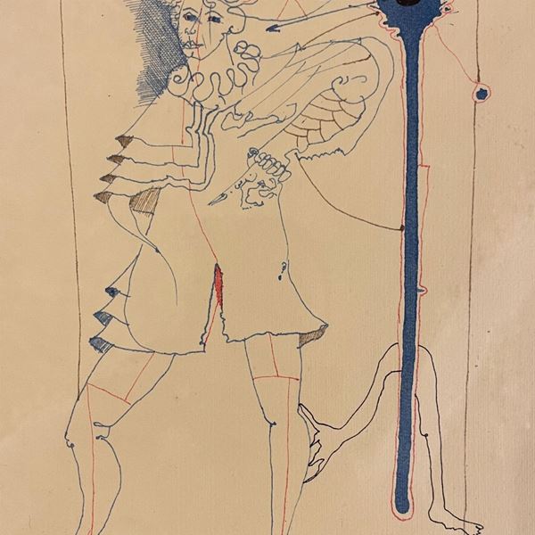 Gaetano Pompa : Mutmassungen sulla paura  (1984)  - tecnica mista su carta - Asta Arte e Design del XIX e  XX secolo - DAMS Casa d'Aste