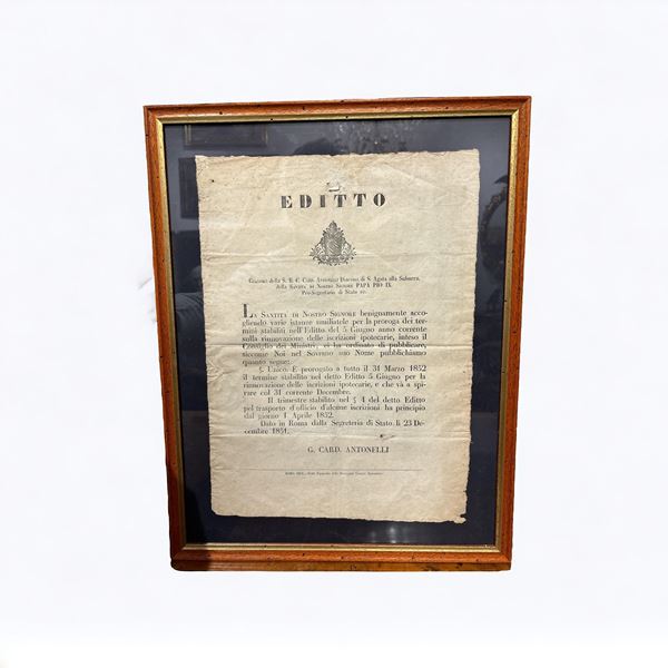 Editto del Cardinale Giacomo Antonelli  (1851)  - Auction Brocantage Natalizio - DAMS Casa d'Aste