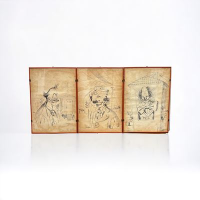 Clown, Serie di Tre Disegni, China su Carta, Firmati Burian