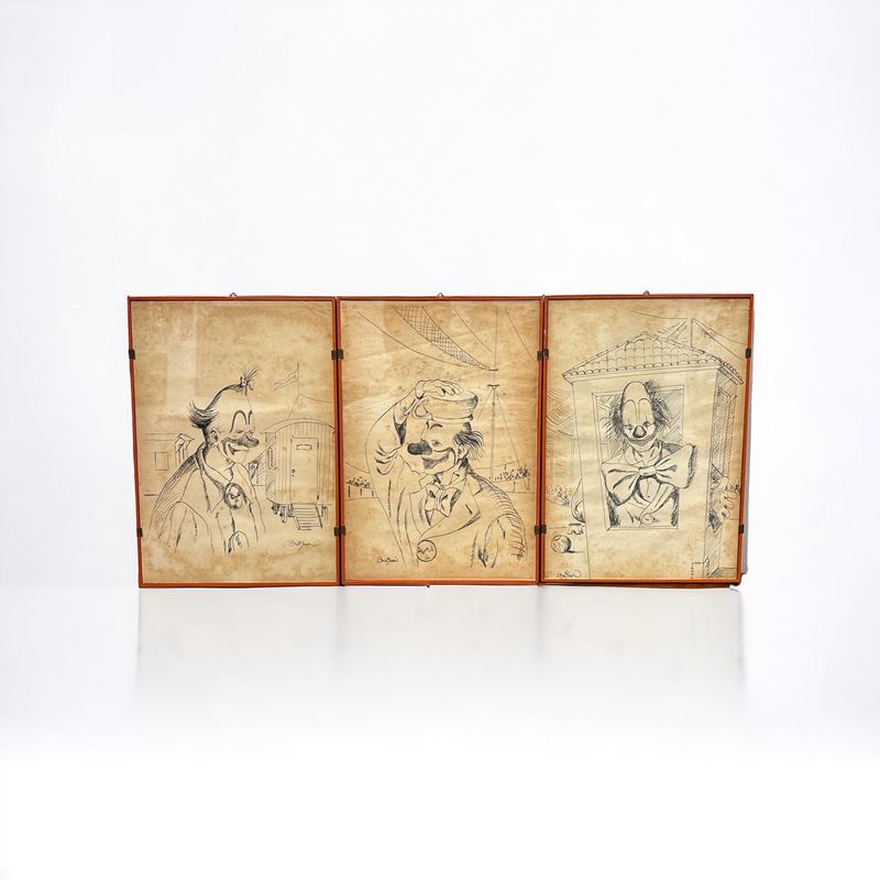 Clown, Serie di Tre Disegni, China su Carta, Firmati Burian