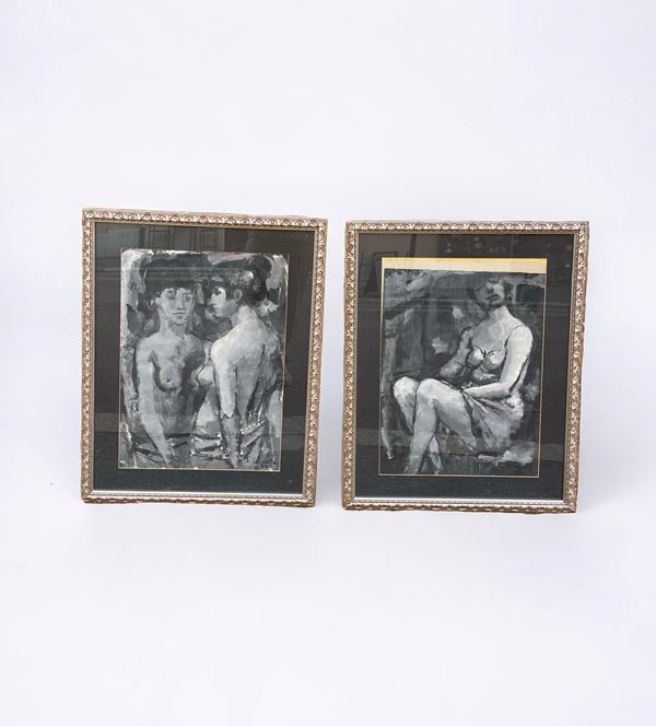 Coppia acquarelli con figure