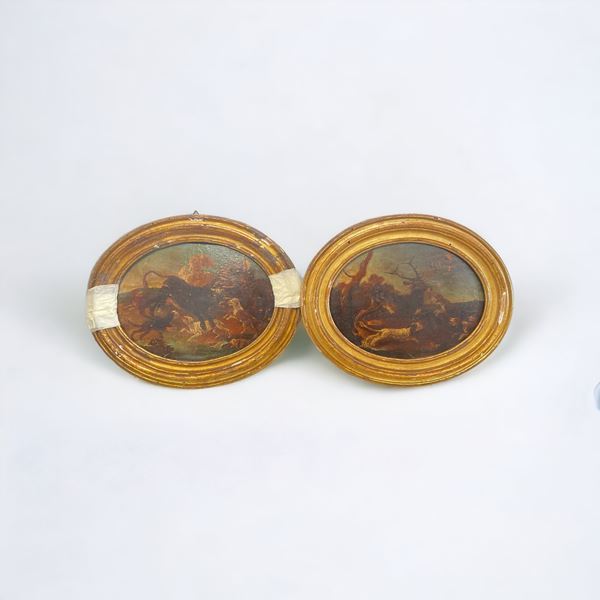 Pair of paintings with hunting scene